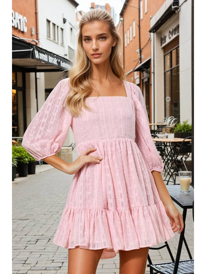 WISTERIA LANE - Wholesale Dress - Women's - SQUARE NECK A-LINE BABYDOLL DRESS W/BACK TIES PINK