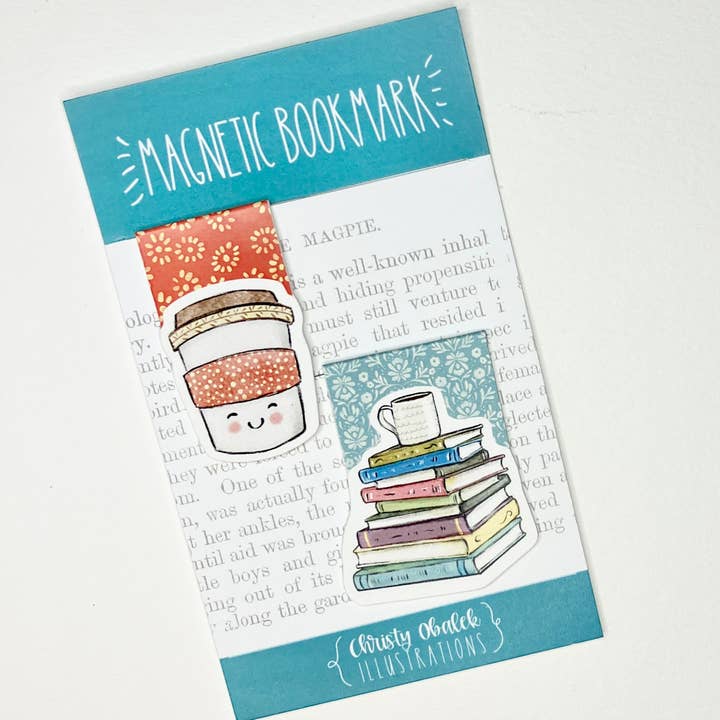 Christy Obalek Illustration - Wholesale Bookmark - Coffee & Books mini magnetic bookmarks set of 2