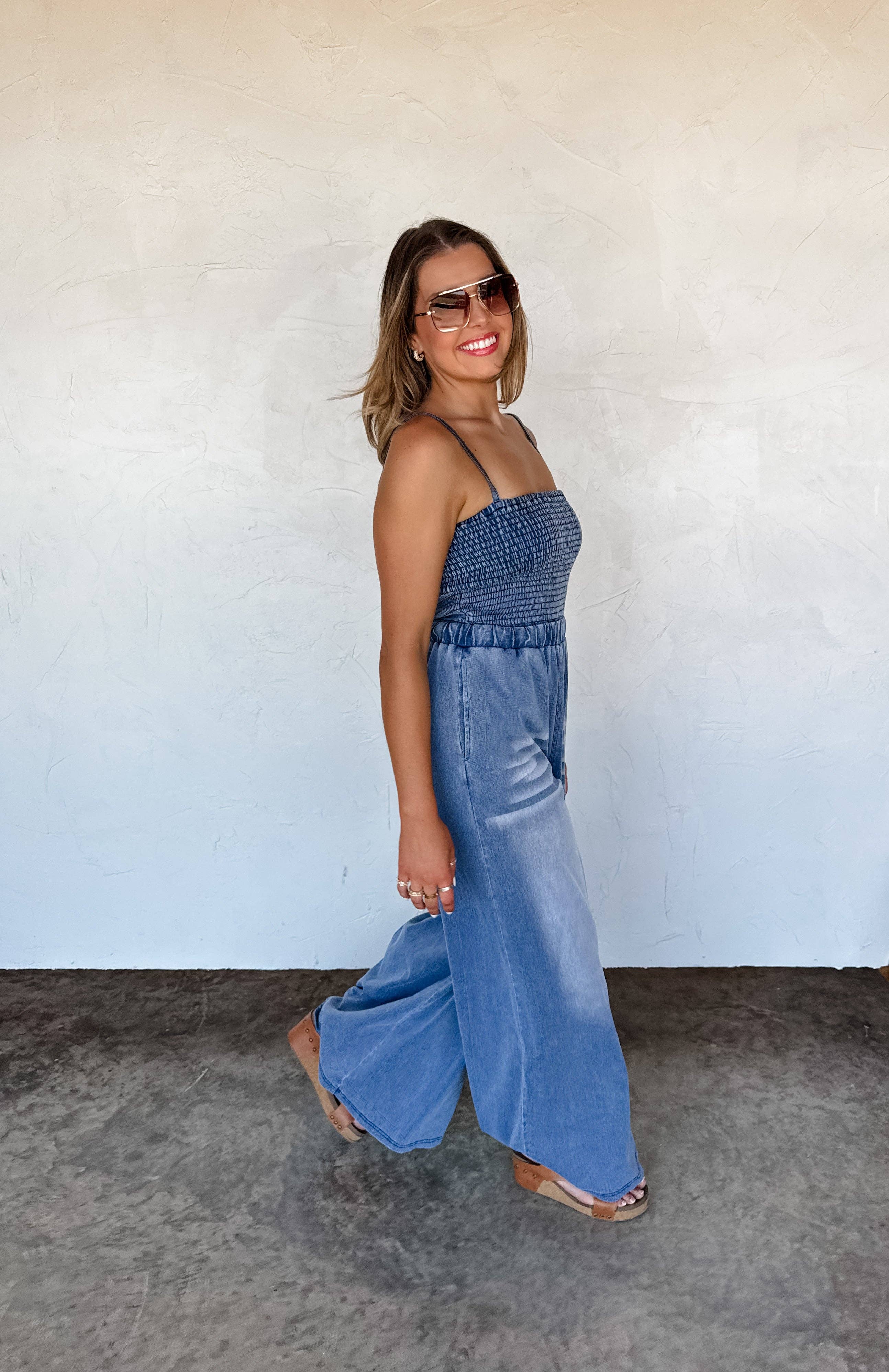 BLAKELEY - Wholesale Romper - Women's - DENIM CRUSH SMOCKED ROMPER7