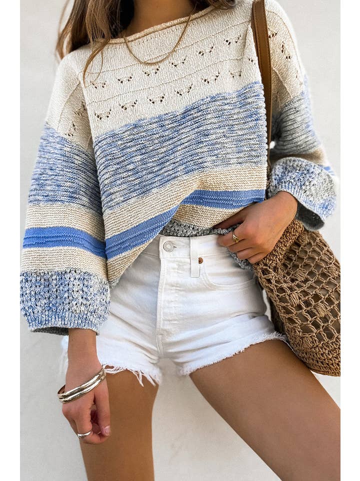 Light Blue Stripe 3/4 Puff Sleeve Sweater for wholesale on Faire