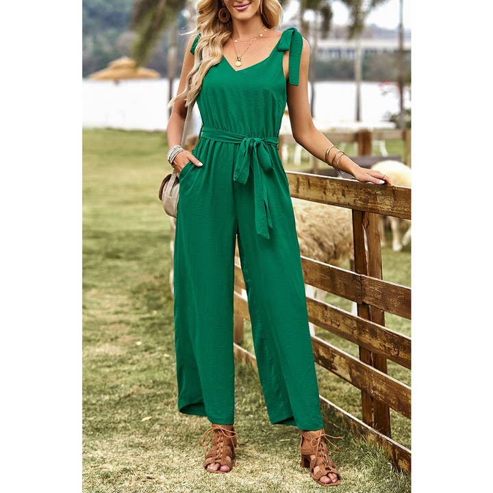 Solid Belt V Neck Wide Leg Fit Jumpsuit for wholesale by Supreme Fashion
