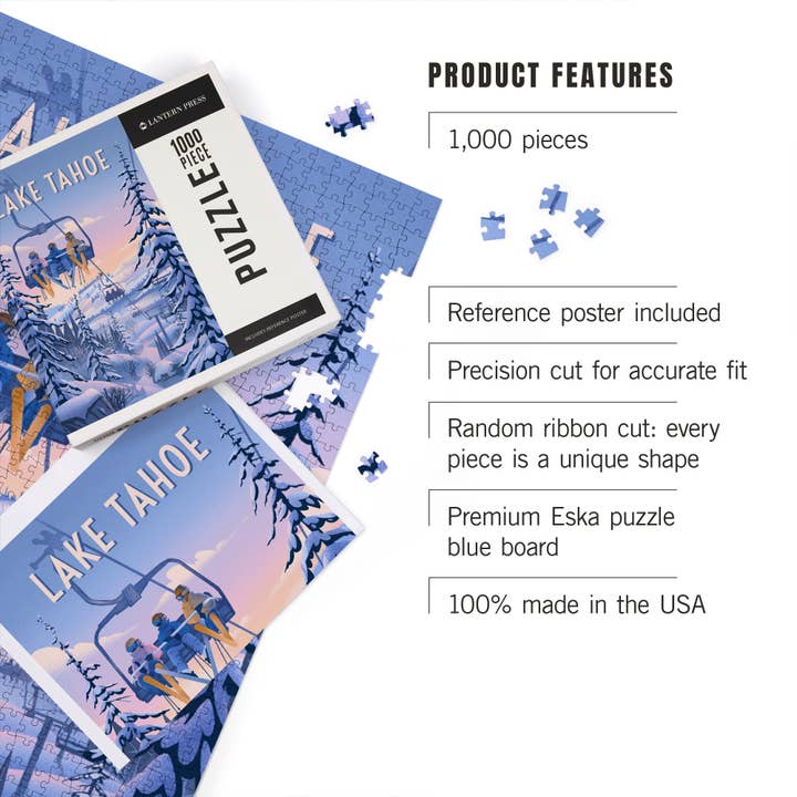 Lantern Press - Wholesale Puzzle - Adult - 1000 PIECE PUZZLE Lake Tahoe, Chill on the Uphill Ski Lift2