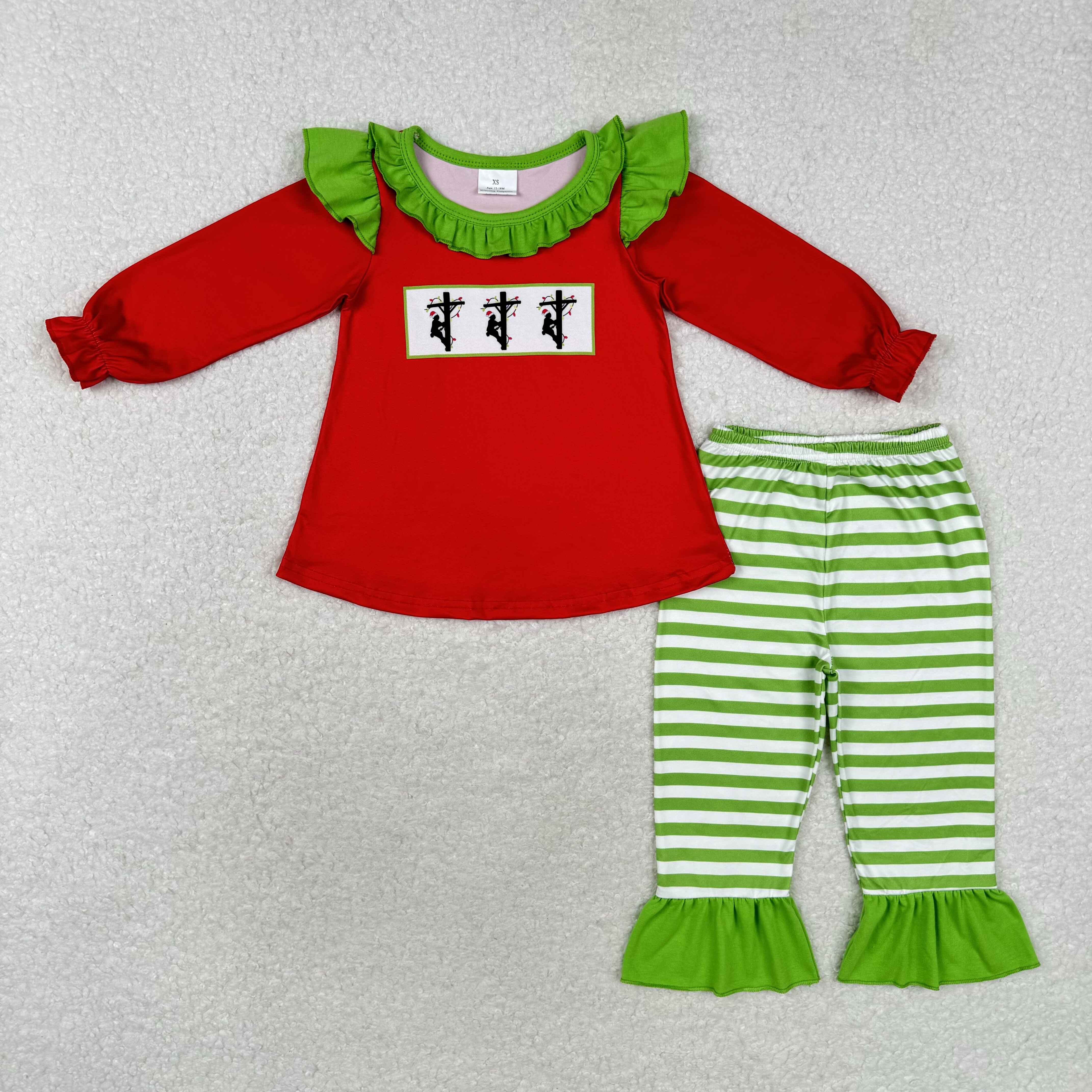 Aier Wholesale - Vente Ensemble haut et pantalon – enfant - Ensemble de vêtements de Noël pour bébés filles avec manches longues à volants, tunique et pantalon avec motifs de Père Noël, pain d'épice et sapins.3