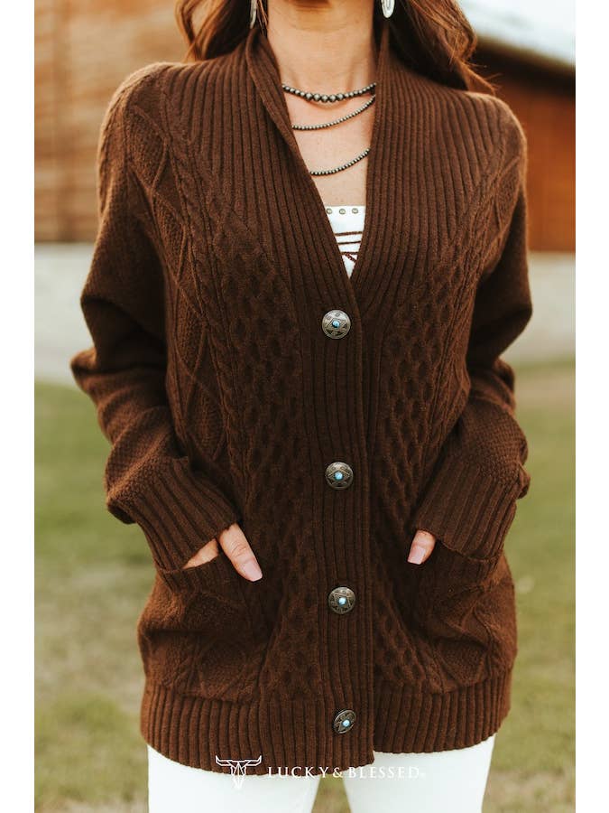 LUCKY & BLESSED - Wholesale Cardigan - Women's - Brown Cable Knit Concho Button Down Cardigan Sweater1