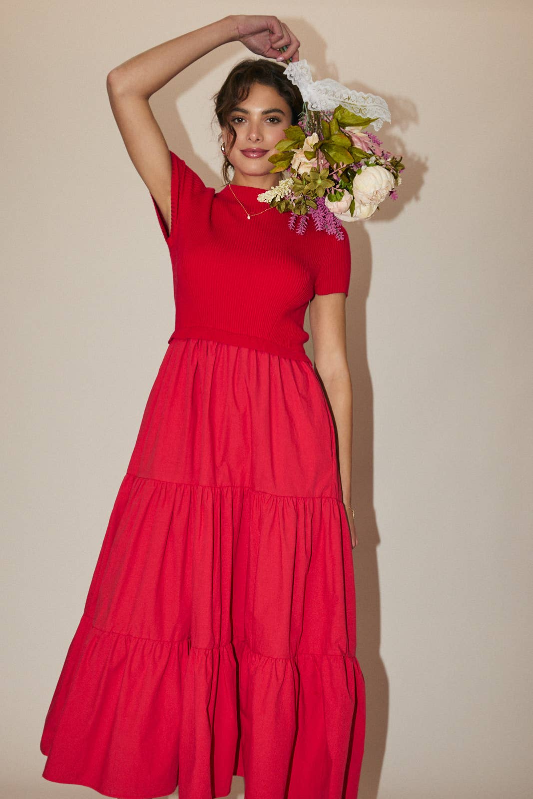 Sunday Edition by LE LIS - Wholesale Dress - Women's - MOCK NECK SHORT SLEEVE KNIT & WOVEN MIX TIERED MIDI DRESS20