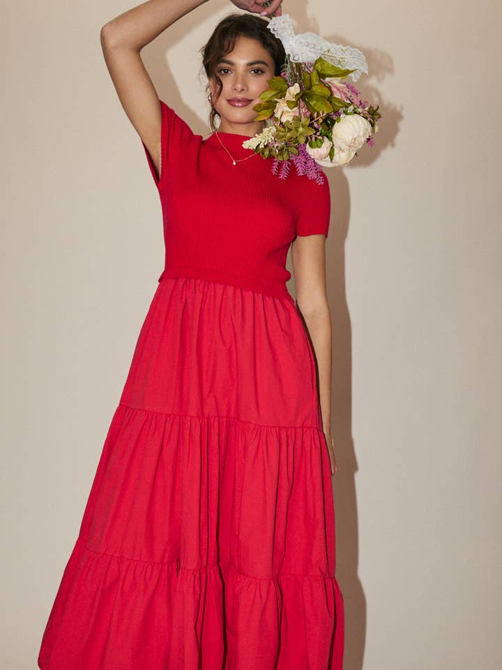 Sunday Edition by LE LIS - Wholesale Dress - Women's - MOCK NECK SHORT SLEEVE KNIT & WOVEN MIX TIERED MIDI DRESS20