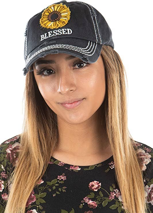 Funky Junque - Wholesale Baseball Cap - Women's - Vintage Patch Hat - Blessed w/Sunflower (Black)0
