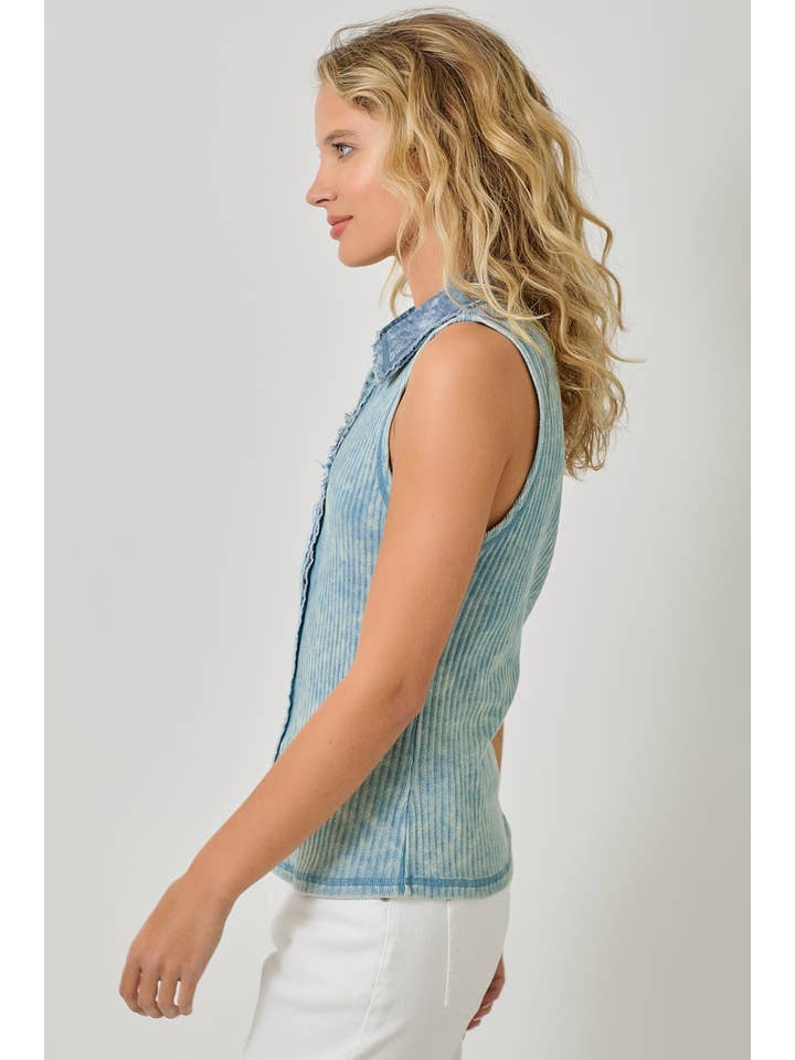 Mystree - Wholesale Button Down Shirt - Women's - 60943 Washed Rib Thermal Sleeveless Button Down Top45