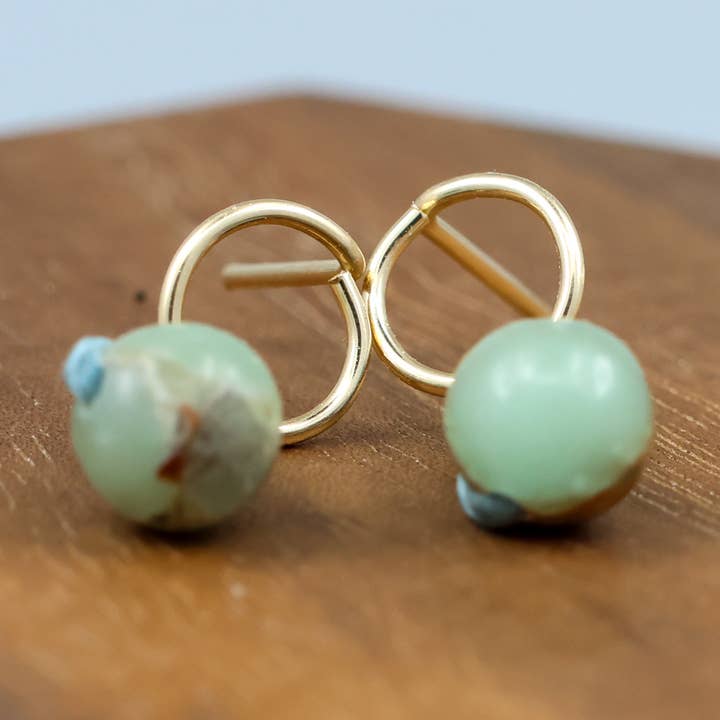 Aqua Terra Jasper Stud Earrings, Circle, Gold Fill, Handmade for wholesale by The Stitch Alliance