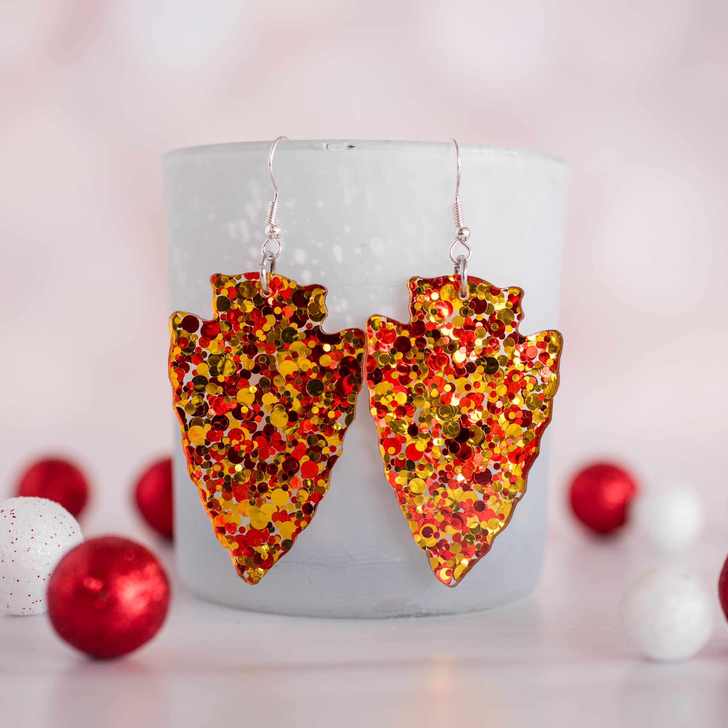 Stellar Gifts & Goods Wholesale - Wholesale Dangle Earrings - KC Football - Large Red & Gold Confetti Arrowhead Dangles1