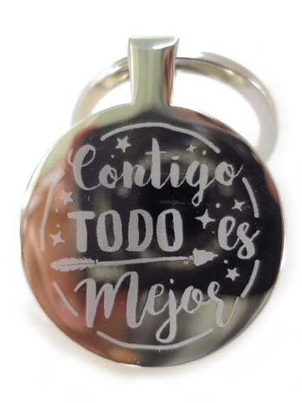 Portachiavi rotondo in acciaio da 35 mm con disegni Happy. per la vendita all'ingrosso da parte di Happypulseras