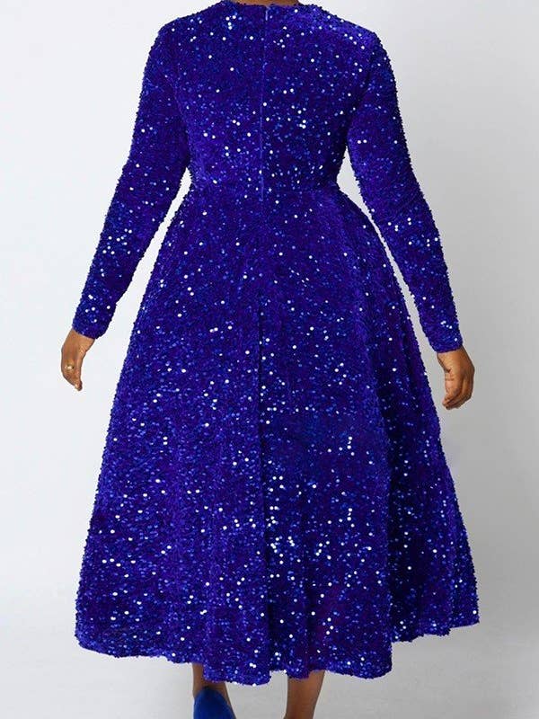 Aria Romance - Wholesale Dress - Women's - Round neck long sleeve solid color sequin high waist style mid-length dress dress