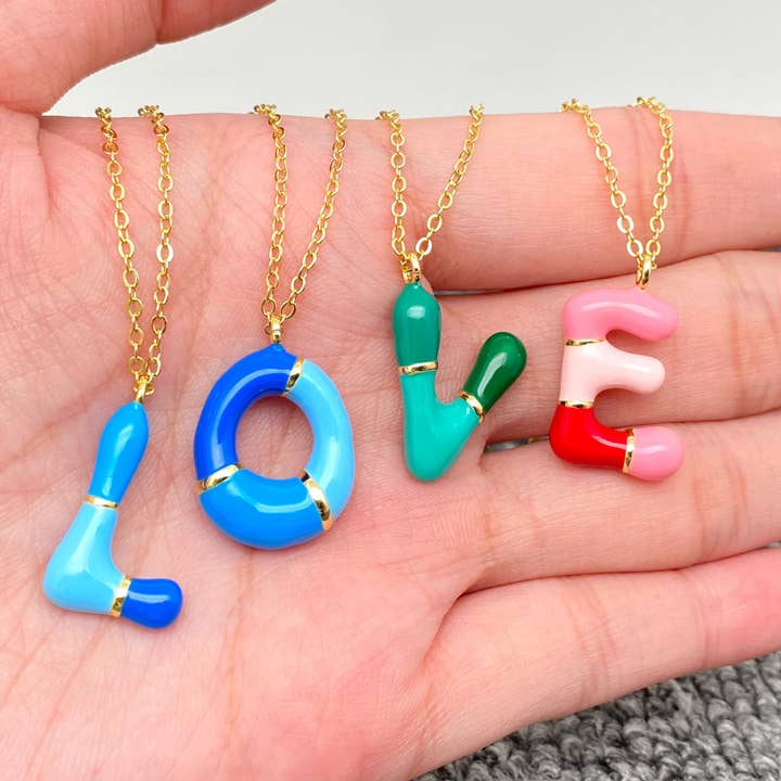 Mio Queena - Wholesale Pendant/Charm Necklace - Bright Enamel Initial Bubble Charm 14K Gold Plated Necklace