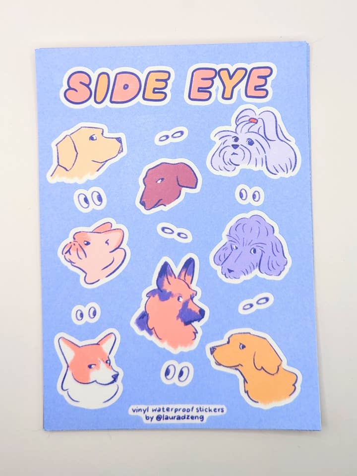 Judgmental Dog Side Eye Waterproof Vinyl Sticker Sheet for wholesale by lauradzeng
