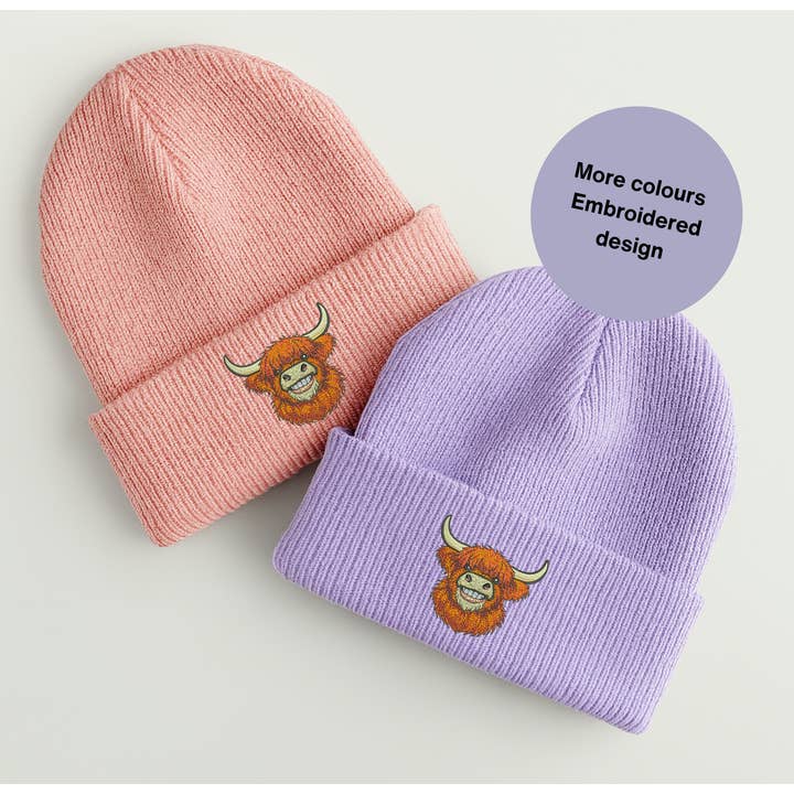 Embroidered highland cow beanie hat, Fun highland hat for wholesale by Thread and Needles Co