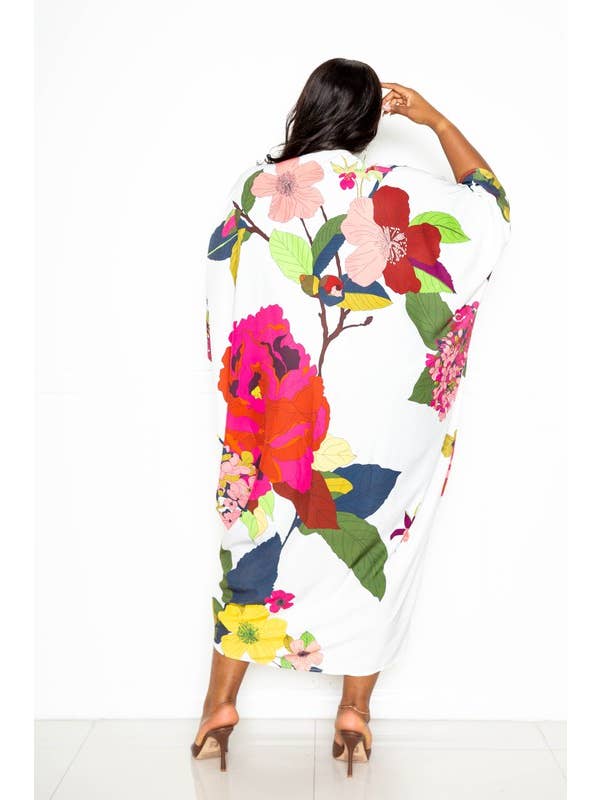 MULTI PRINTED RUCHED KAFTAN DRESS WITH INSIDE WAIST TIE for wholesale on Faire