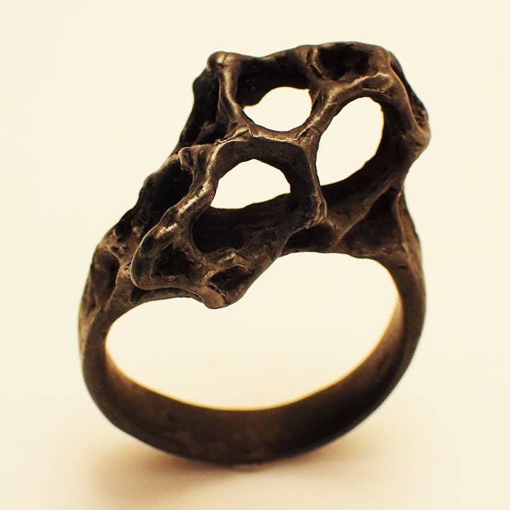 Wild honeycomb 'open' ring, carved and cast in Ecosilver. for wholesale by Beca Beeby