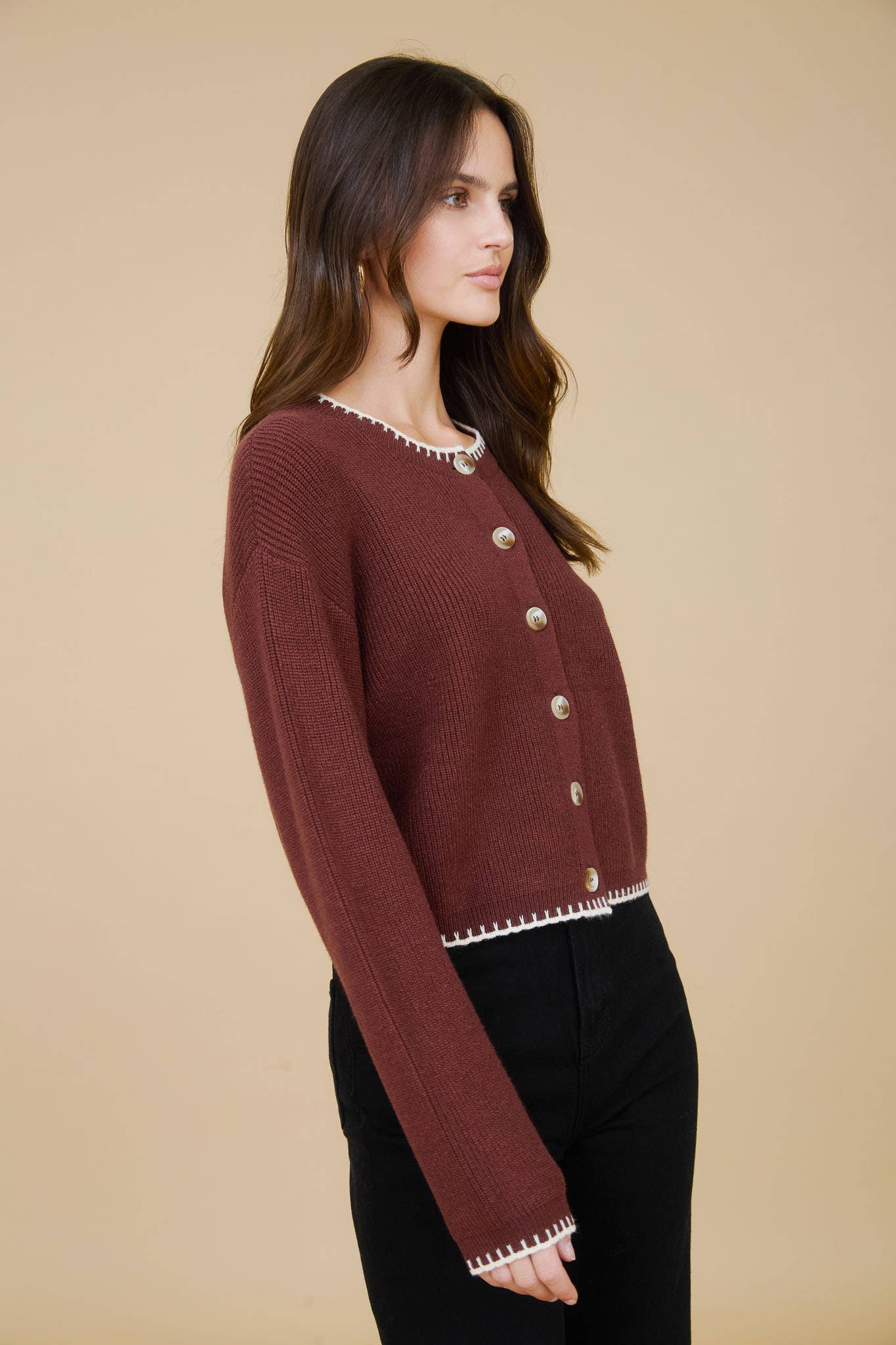 The Workshop Studio - Wholesale Knit Sweater - Women's - CONTRAST STITCH TRIM BUTTON DOWN KNIT CARDIGAN 7