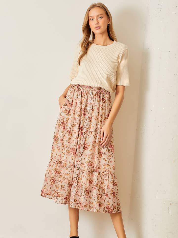 FLORAL PRINT BUTTON FRONT SKIRT for wholesale by Polagram by Wellmade USA