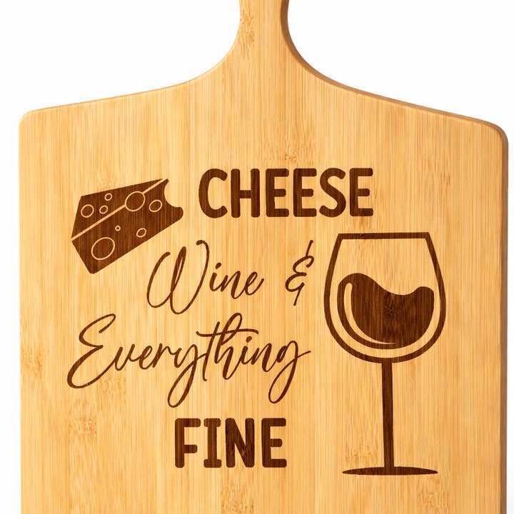 Cheese, Wine & Everything Fine” Engraved Bamboo Cutting Board – 17″ × 13 for wholesale by Creative Inspiration Design