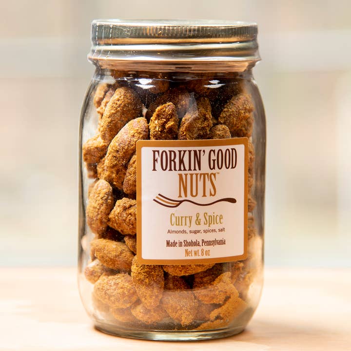 Curry & Spice Almonds 8 oz mason jar for wholesale by Forkin' Good Nuts