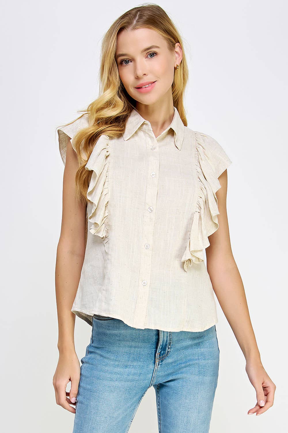 Strut & Bolt - Venta al por mayor Camisa con botones - Mujer - Blusa de lino sin mangas con volantes en los hombros4