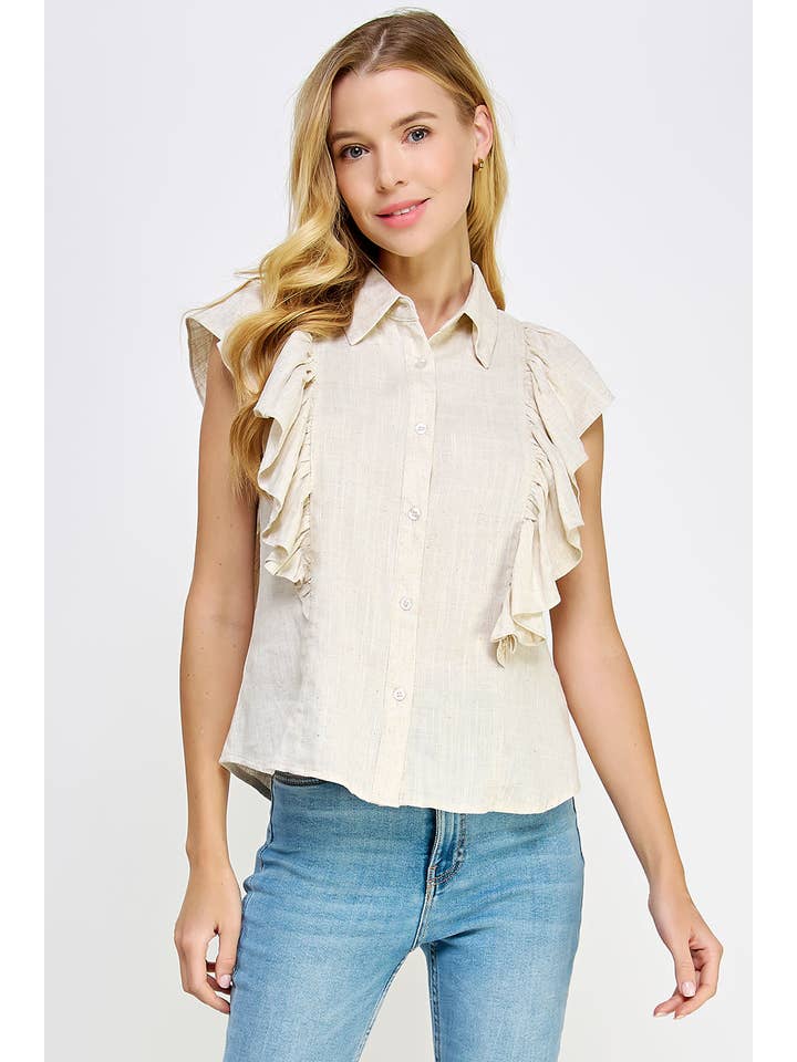 Strut & Bolt - Venta al por mayor Camisa con botones - Mujer - Blusa de lino sin mangas con volantes en los hombros4