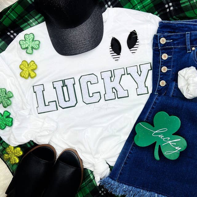 Chenille Embroidered Patch LUCKY Green FELT for wholesale by Trendy Transfers