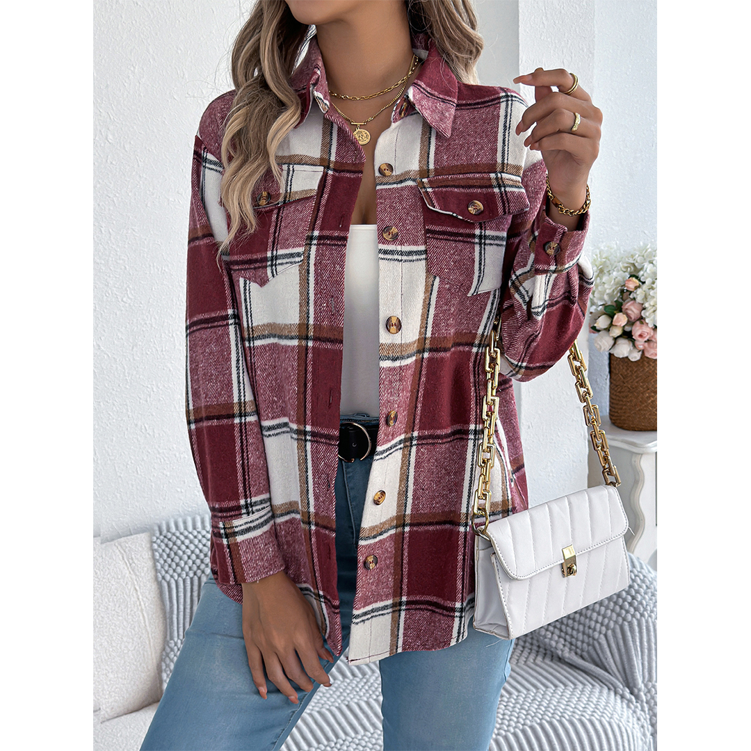 UNISHE – wholesale Jacket – Women's – Fall Plaid Faux Pocket Long Sleeve Mid-Length Jacket BJS2775