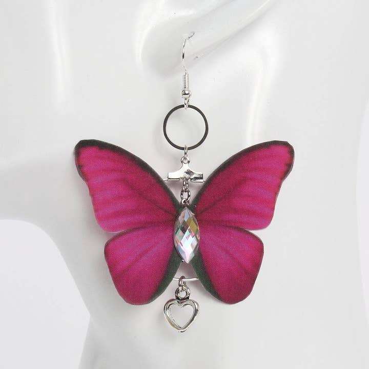 Fashion Butterflies - Wholesale Dangle Earrings - Pink Fuchsia Silk Butterfly Earrings0