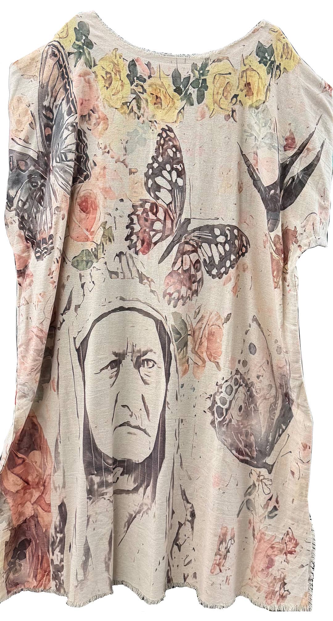 LeParisPetit by I Love Linen - Wholesale Kaftan - Women's - Kaftan Tunic Dress with Sketch of Indian Chief & Floral
