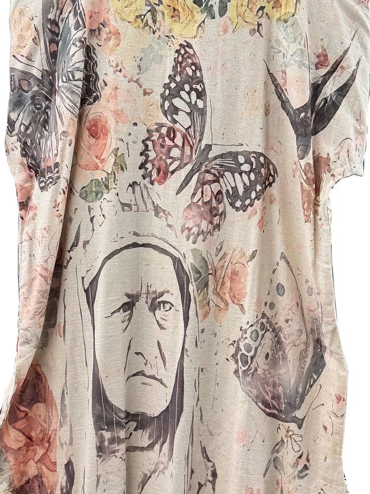 Kaftan Tunic Dress with Sketch of Indian Chief & Floral for wholesale by LeParisPetit by I Love Linen