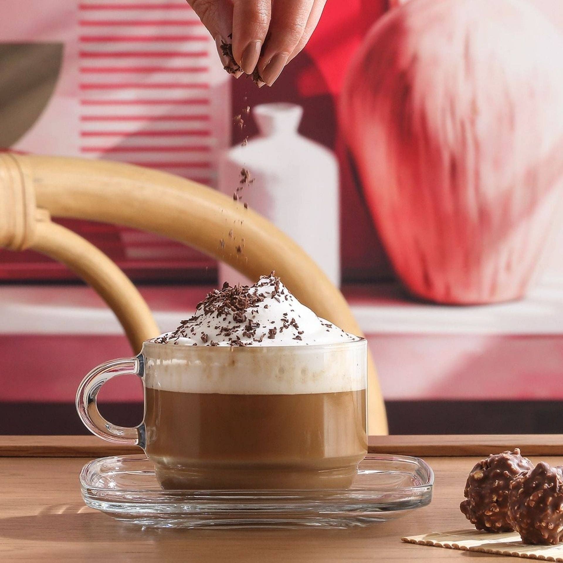 Biomatea - Vendita all'ingrosso Tazza da tè/caffè - Set di tazze in vetro Cozy 12 pezzi – 6 tazze in vetro con manico (270 ml) + 6 piattini in vetro – Impilabile3