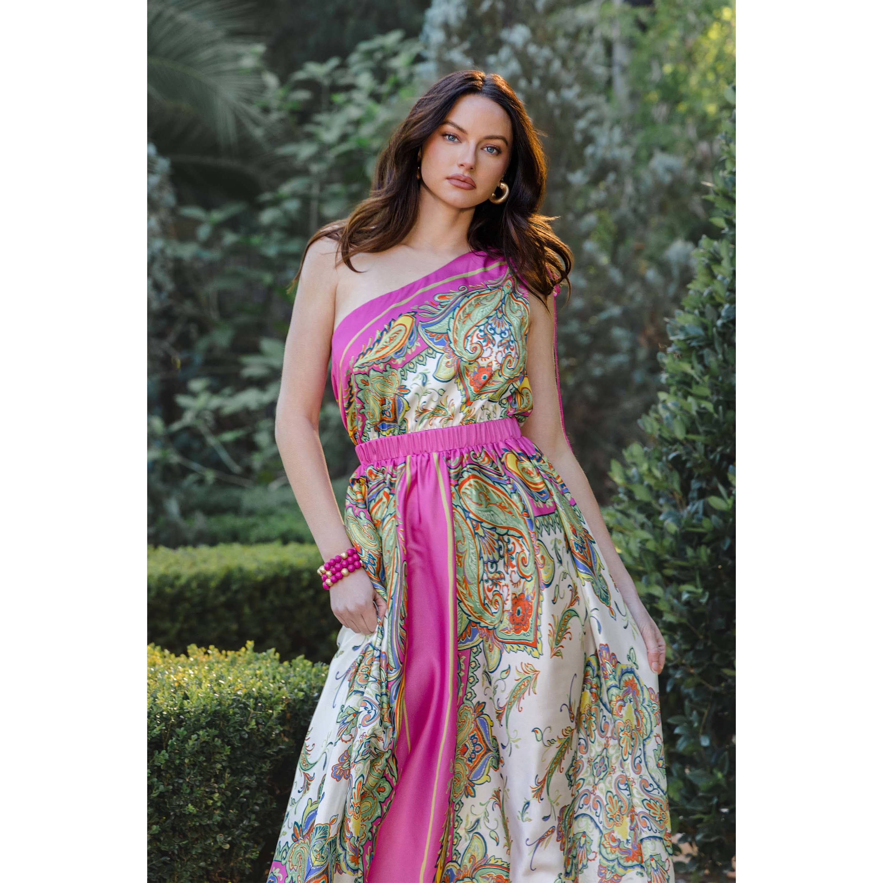 The Sang - Wholesale Dress - Women's - SATIN BORDER PRINT ONE SHOULDER MAXI DRESS3