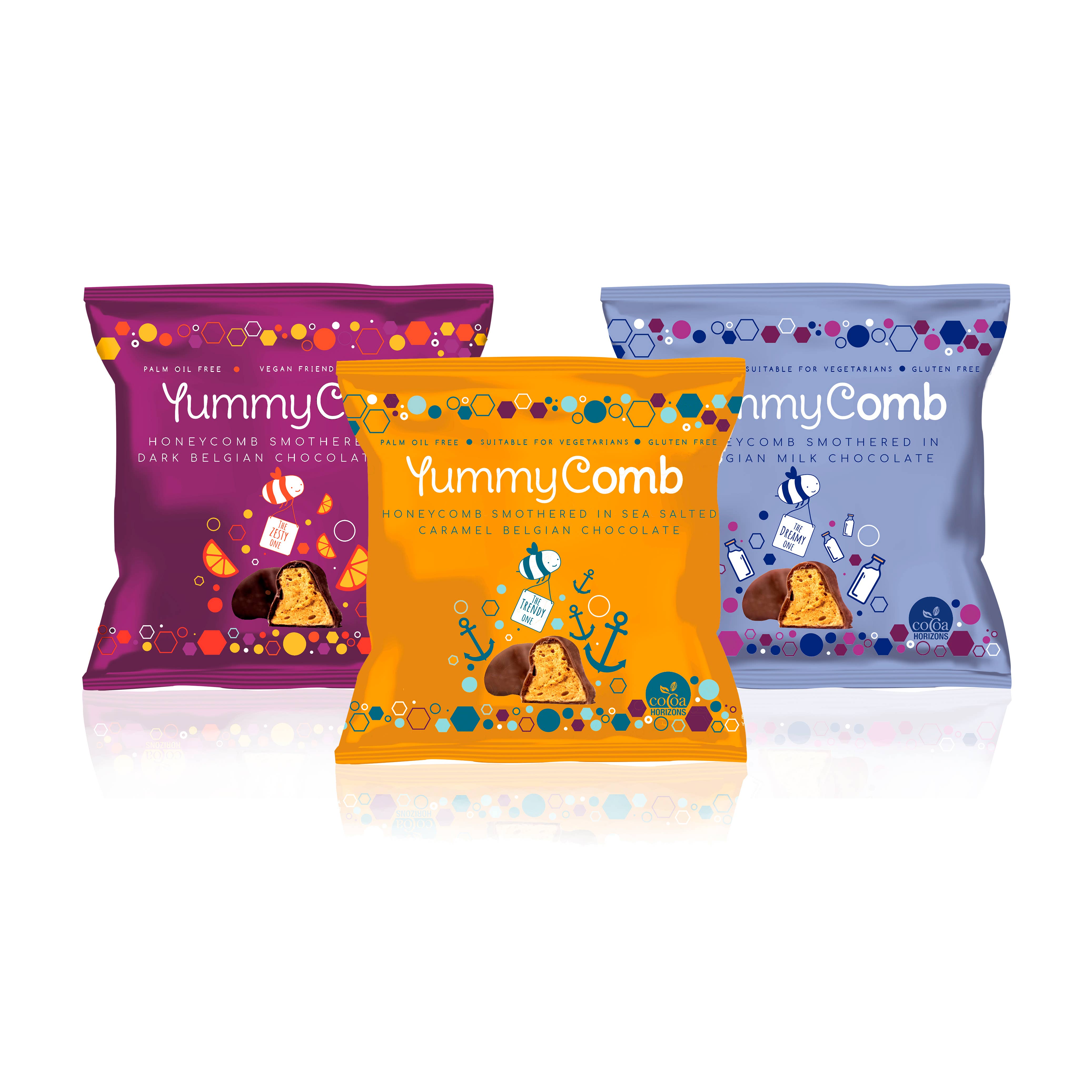 Yummycomb – wholesale Chokladtäckta godisar – 12 x 70% Mörkorange belgisk choklad Honeycomb Pack (40g)6