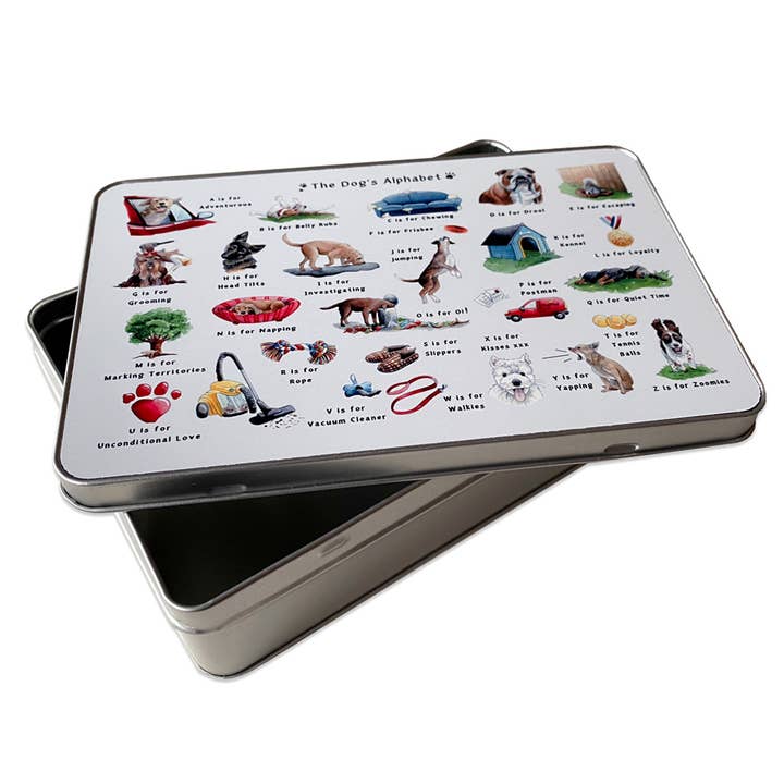 The Dog's Alphabet Storage Tin for wholesale by Yeti Cards & Gifts