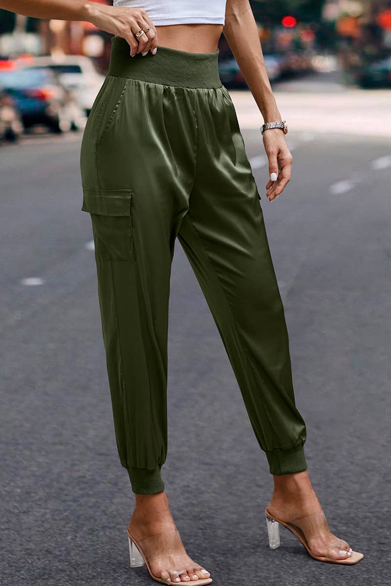 Elings - Wholesale Pants - Women's - High Waist Long Pant Trousers With Pocket Satin Jogger Pants5