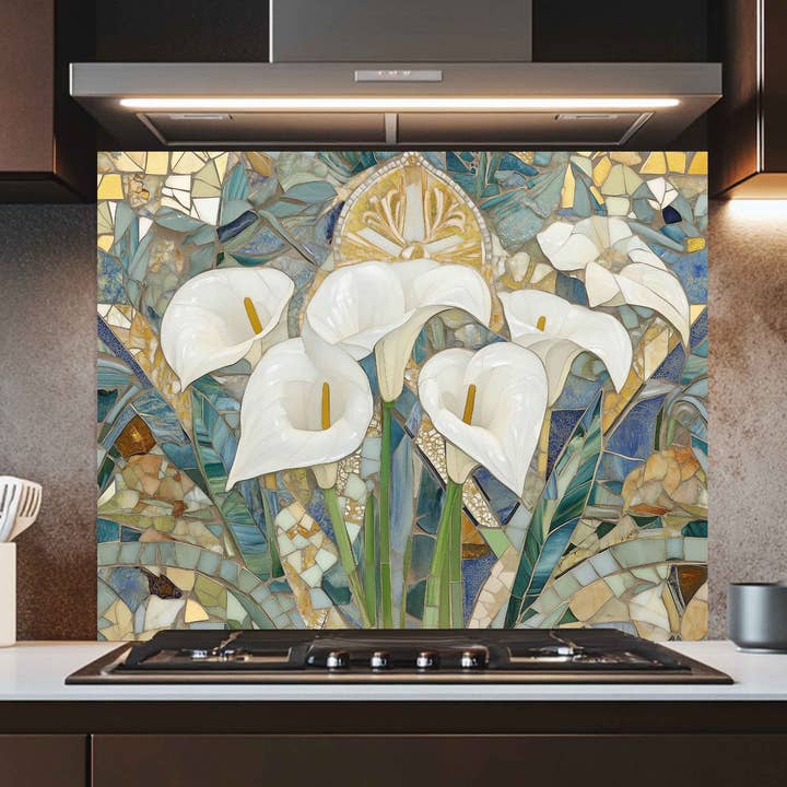 Kitchen Glass Backsplash with Calla Bloom Mosaic Design for wholesale by Glass Kitchen Backsplash