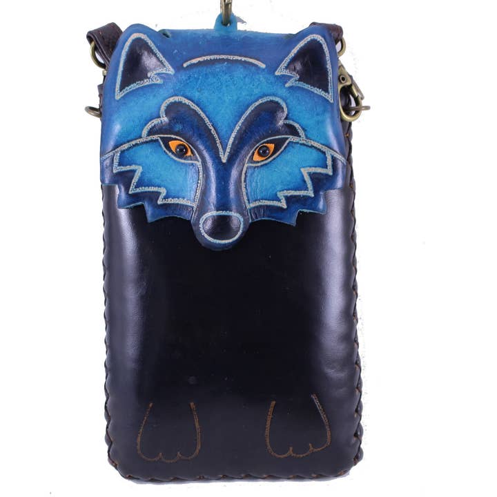Blue Wolf Handmade Leather Cell Phone Case for wholesale by Sunflower Handmade leather inc
