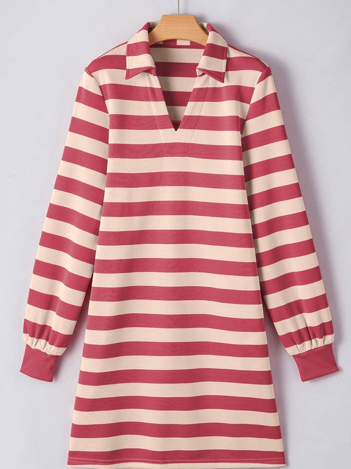 FULL TIME PURCHASE - Wholesale Dress - Women's - Stripe Collared V Neck Long Sleeve Loose Casual Dress