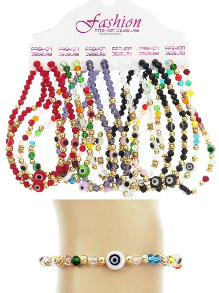 Evil Eye Beaded Multicolor Stretch Bracelet for wholesale by Cap Zone