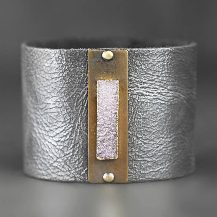 2" Grey Shimmer Leather Cuff w/ Grey Druzy for wholesale by KBD Studio