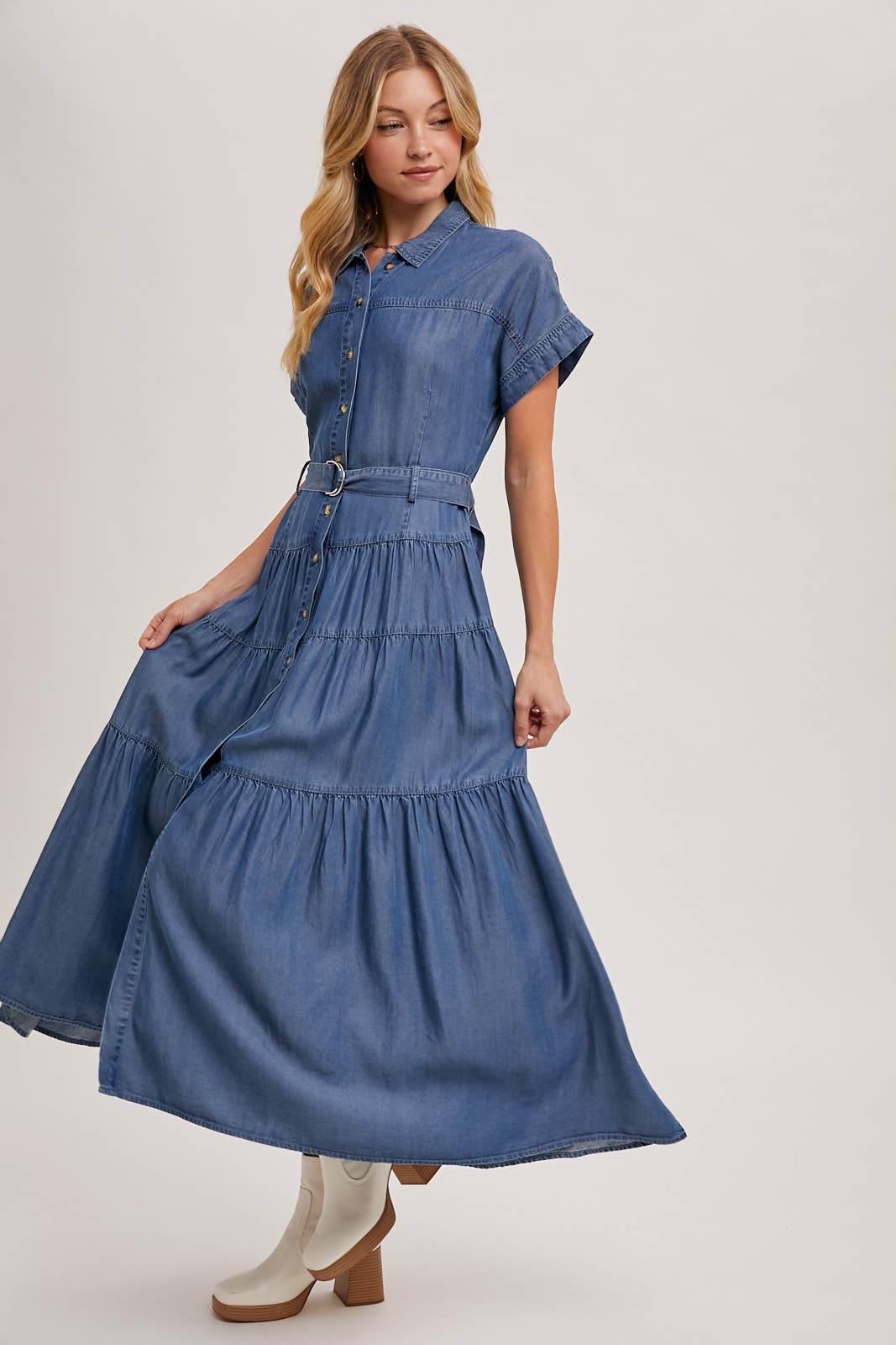 Bluivy - Wholesale Dress - Women's - BUTTON FRONT SHORT SLEEVED TIERED MAXI DENIM DRESS4