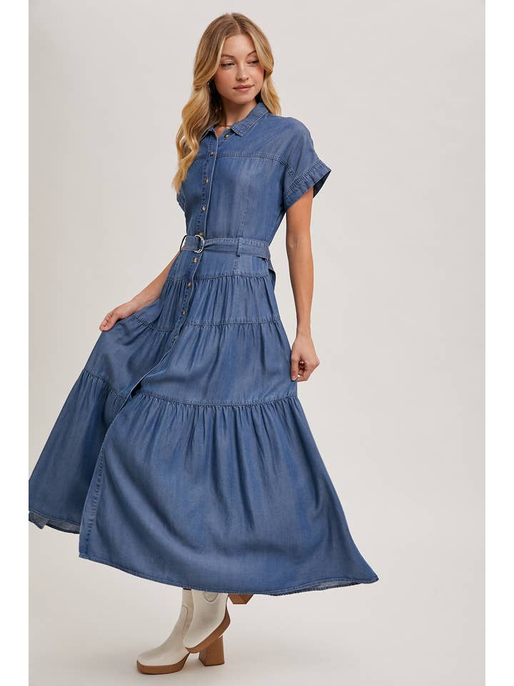 Bluivy - Wholesale Dress - Women's - BUTTON FRONT SHORT SLEEVED TIERED MAXI DENIM DRESS14