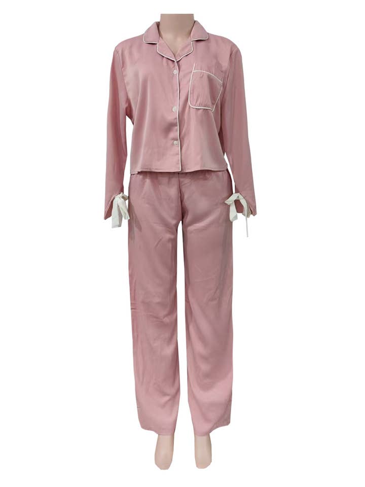 Soft Contrast Satin Ribbon Sleeve Pajama Set for wholesale by Rosa Clothing