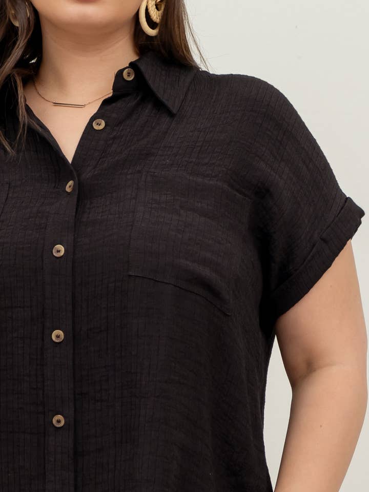 Blu Pepper - Wholesale Blouse - Women's - PLUS COLLARED CRINKLED CUFF SLEEVE BUTTON DOWN SHIRT