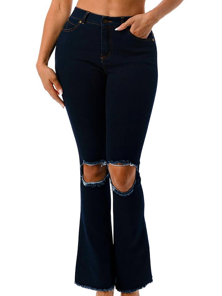 Slashed boot cut denim jeans for wholesale by Color 5