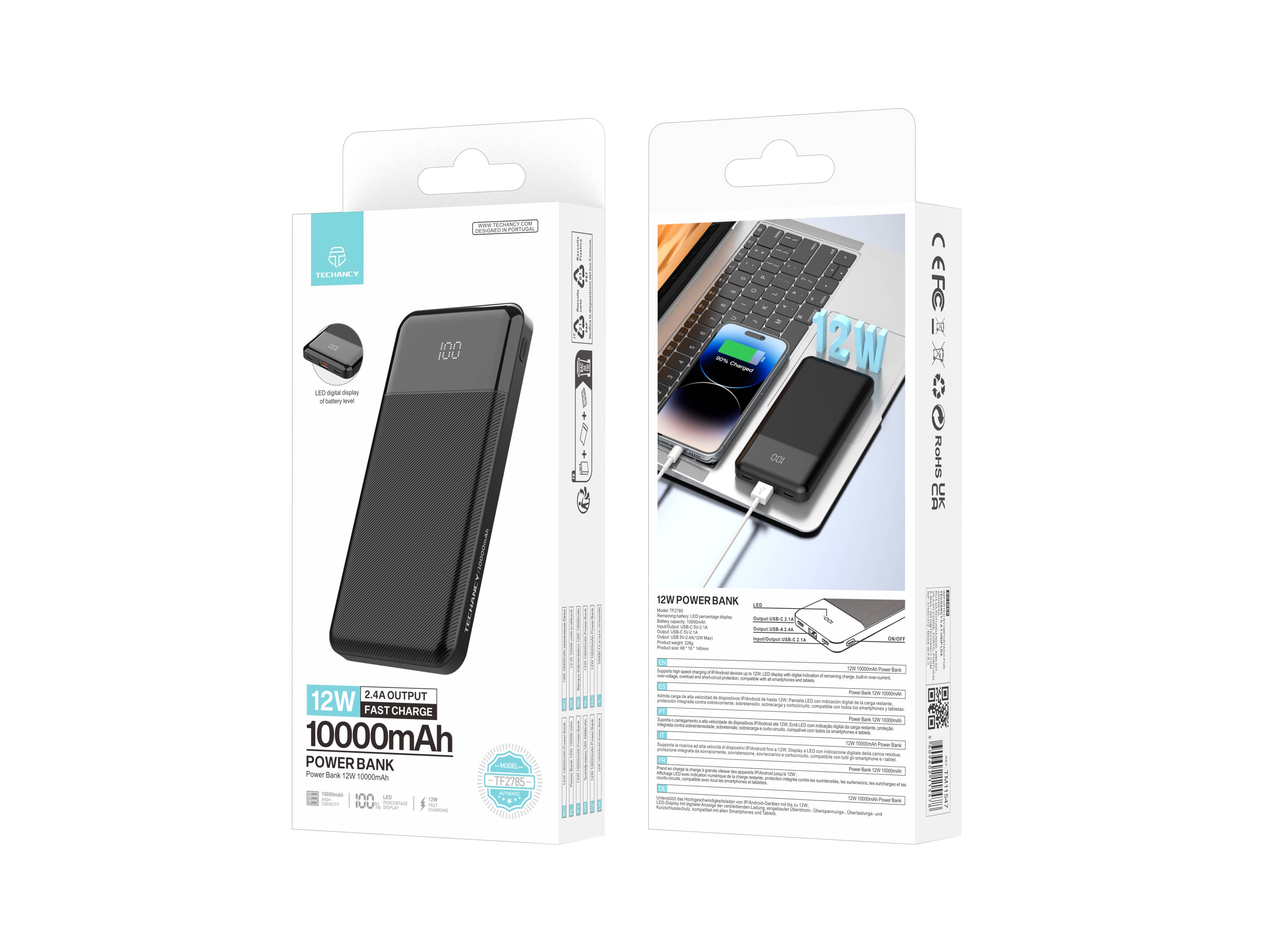 TECHANCY - Vendita all'ingrosso Caricatori portatili - Techancy Power Bank TF2785, 10000mAh, Ricarica Rapida 12W, 2.44