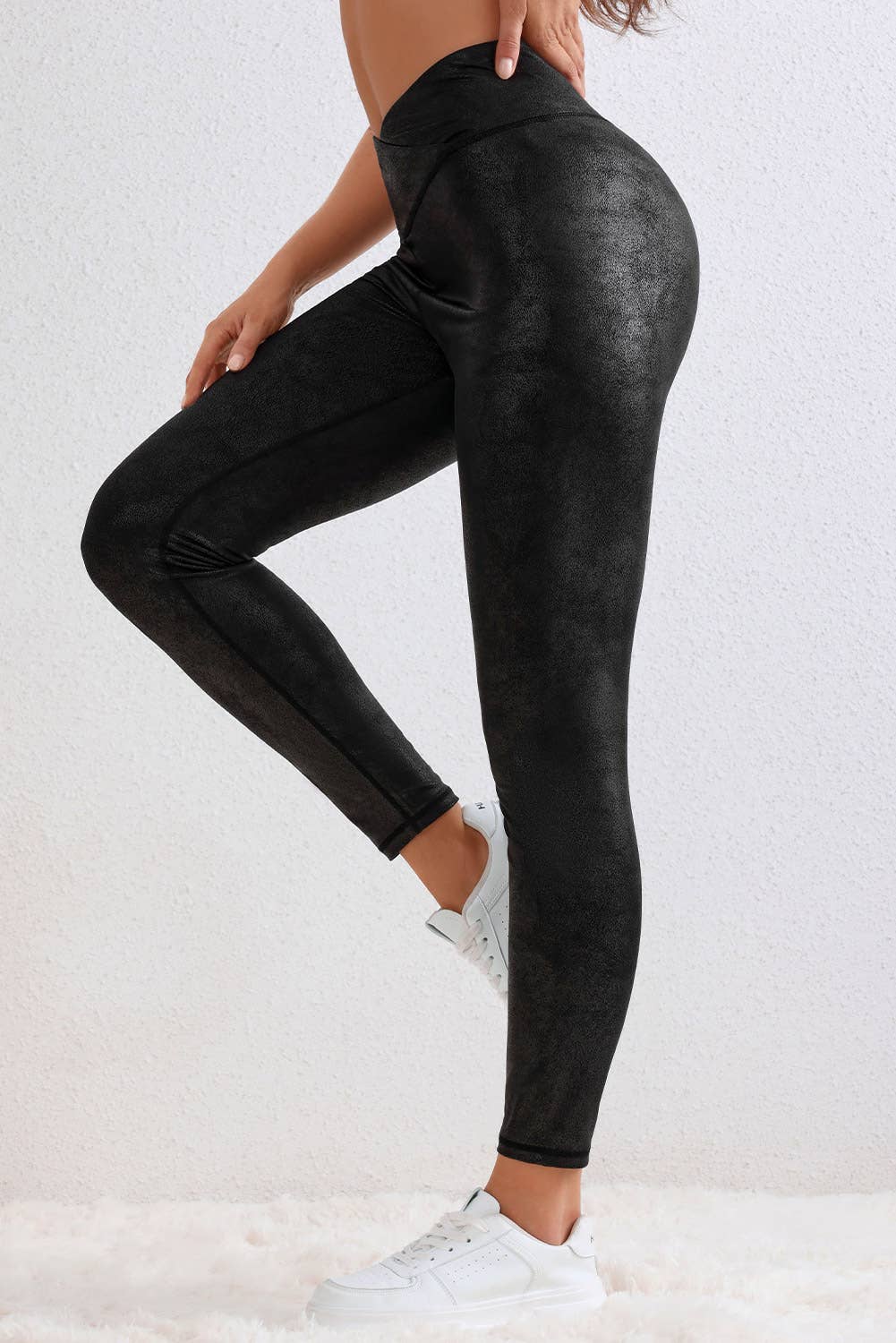 Black LA Crossed Dip Waist Sleek Leather Leggings (S-XL) for wholesale on Faire2