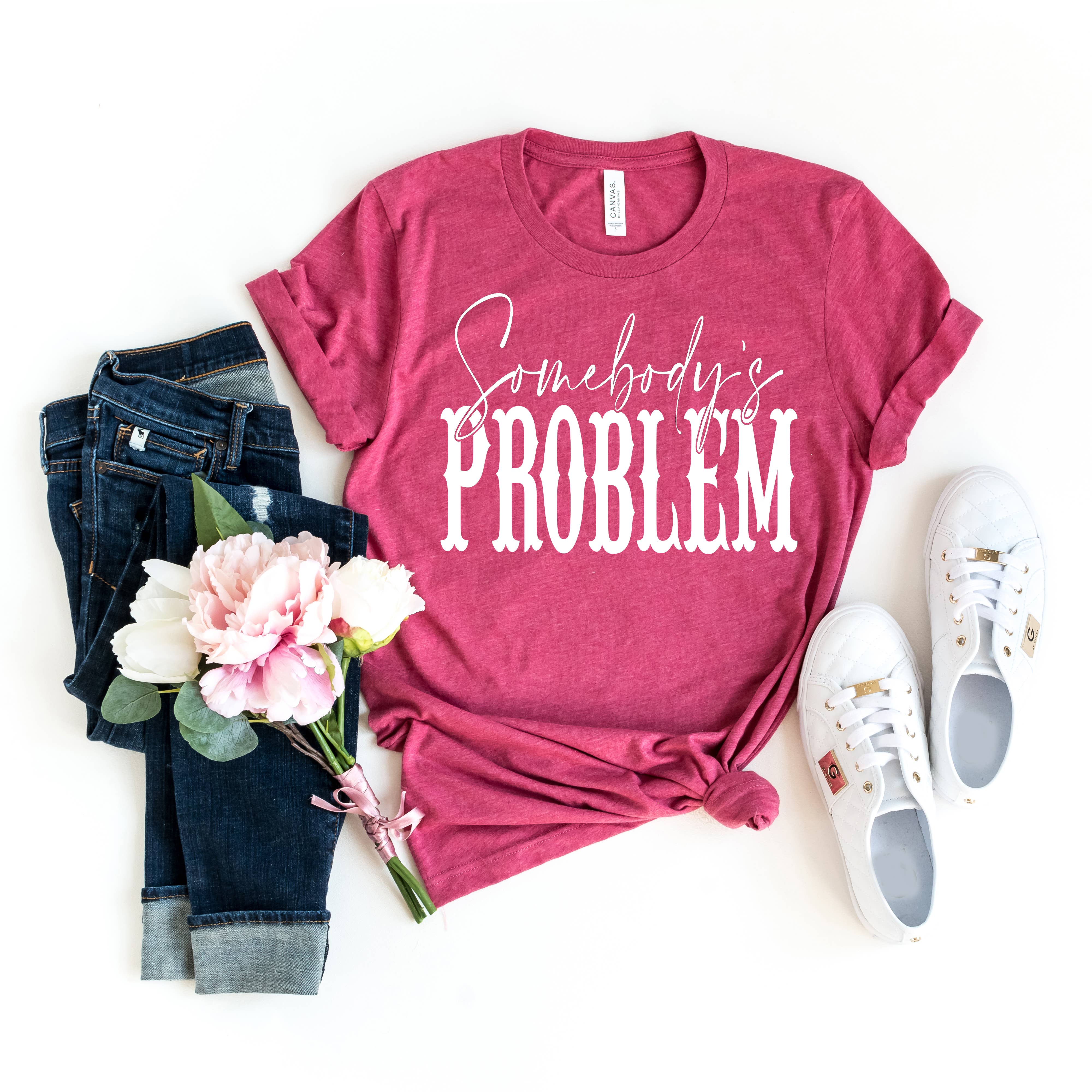 Simply Tees - Wholesale Screen Printed T-Shirt - Women's - Somebody's Problem Heather Rose Tee White Ink0